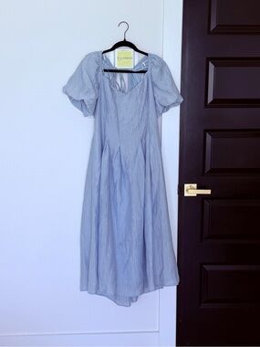 Lulus Heavenly Energy Blue Textured Puff Sleeve Pleated Midi Dress